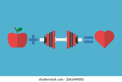 Apple fruit plus dumbbell equals heart. Healthy eating, lifestyle, diet, exercise, sport, fitness, activity, training and health concept. Flat design. Vector illustration. EPS 8