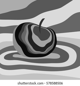 Apple fruit psychedelic black white. Vector illustration optical illusion Colorful hand drawn visualization. Fantastic neon wavy striped apple minimal concept rave party logo poster background banner