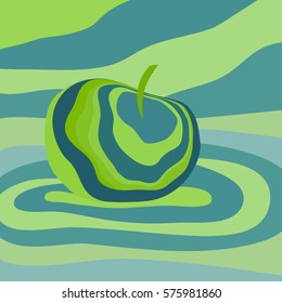 Apple fruit psychedelic blue green. Vector illustration optical illusion. Colorful hand drawn visualization. Fantastic neon wavy striped apple minimal concept rave party logo poster background banner