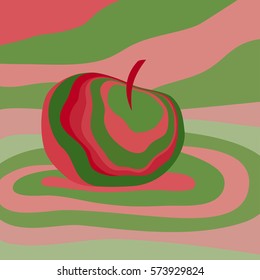 Apple fruit psychedelic pink green. Vector illustration optical illusion. Colorful hand drawn visualization. Fantastic neon wavy striped apple minimal concept rave party logo poster background banner