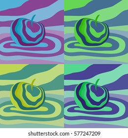 Apple fruit psychedelic pop art. Vector illustration optical illusion Colorful hand drawn visualization. Fantastic neon wavy striped apple minimal concept rave party logo poster background banner