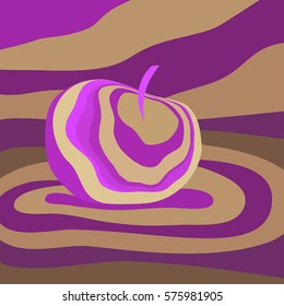 Apple fruit psychedelic purple beige. Vector illustration optical illusion Colorful hand drawn visualization. Fantastic neon wavy striped apple minimal concept rave party logo poster background banner