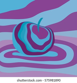 Apple fruit psychedelic purple blue. Vector illustration optical illusion Colorful hand drawn visualization. Fantastic neon wavy striped apple minimal concept rave party logo poster background banner