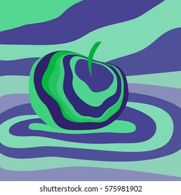 Apple fruit psychedelic purple green. Vector illustration optical illusion Colorful hand drawn visualization. Fantastic neon wavy striped apple minimal concept rave party logo poster background banner