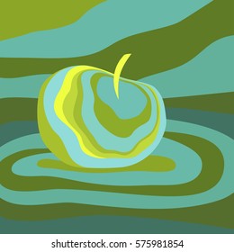 Apple fruit psychedelic yellow blue. Vector illustration optical illusion Colorful hand drawn visualization. Fantastic neon wavy striped apple minimal concept rave party logo poster background banner