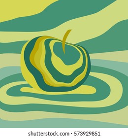 Apple fruit psychedelic yellow green. Vector illustration optical illusion Colorful hand drawn visualization. Fantastic neon wavy striped apple minimal concept rave party logo poster background banner