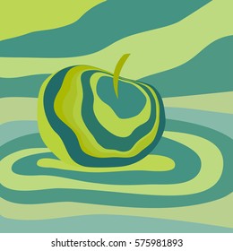 Apple fruit psychedelic yellow green. Vector illustration optical illusion Colorful hand drawn visualization. Fantastic neon wavy striped apple minimal concept rave party logo poster background banner
