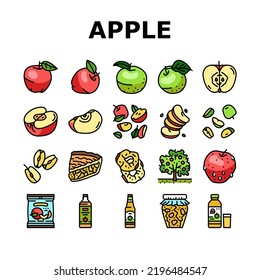 apple fruit red green leaf fresh icons set vector. healthy half slice, organic sweet, juicy diet, health ripe cut, nutrition plant farm apple fruit red green leaf fresh color line illustrations