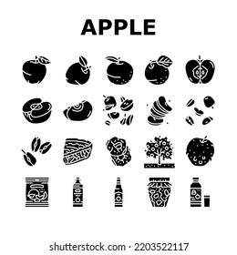 apple fruit red green leaf fresh icons set vector. healthy half slice, organic sweet, juicy diet, health ripe cut, nutrition plant farm apple fruit red green leaf fresh glyph pictogram Illustrations