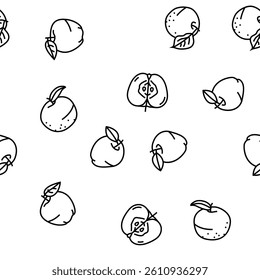 apple fruit red green leaf fresh Vector Seamless Pattern Thin Line Illustration