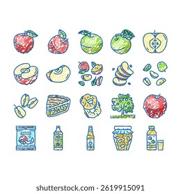 apple fruit red green leaf fresh doodle icons set vector. healthy half slice, organic sweet, juicy diet, health ripe cut, nutrition plant farm apple fruit red green leaf fresh sketch hand drawn