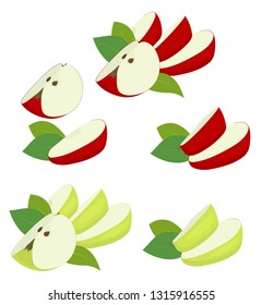 Apple fruit red and green. Apple quarter, slices and apple leaf isolated on white background. Apples vector illustration set isolated on white