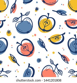 Apple Fruit  Repeating Background. Seamless Pattern with Hand Drawn Doodle Apples, Flowers and Leaves. Colorful Fruits Wallpaper. Healthy Summer Food Background