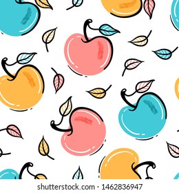 Apple Fruit Repeating Background. Seamless Pattern with Hand Drawn Doodle Apples and Leaves. Colorful Fruits Wallpaper. Healthy Summer Food Background