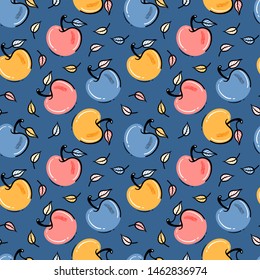 Apple Fruit Repeating Background. Seamless Pattern with Hand Drawn Doodle Apples and Leaves. Colorful Fruits Wallpaper. Healthy Summer Food Background