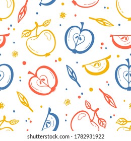 Apple Fruit Repeating Background. Seamless Pattern with Hand Drawn Doodle Apples, Flowers and Leaves. Colorful Fruits Wallpaper. Healthy Summer Food Background