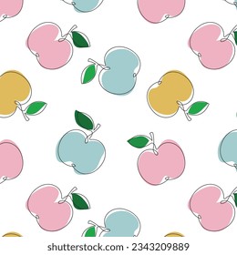 Apple Fruit Repeating Background. Seamless Pattern with Hand Drawn Doodle Apples and Leaves. Colorful Fruits Wallpaper. Healthy Summer Food Background.