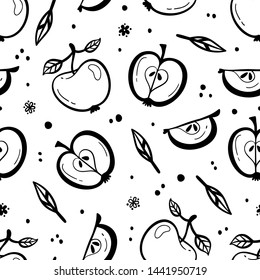 Apple Fruit Repeating Background. Vector Seamless Pattern with Hand Drawn Doodle Apples, Flowers and Leaves. Black and White Fruits Wallpaper. Healthy Summer Food Background