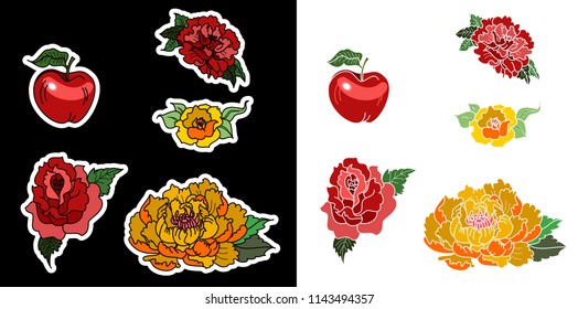 Apple fruit with Rose and Peony flower isolate on white background.Beautiful flower set for tattoo.