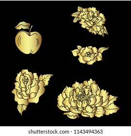 Apple fruit with Rose and Peony flower isolate on white background.Beautiful flower set for tattoo.