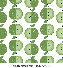 Apple fruit seamless pattern. Design for textile, wallpaper, wrapping, fabric, scrap, gift, paper. Green apples on white background. Vector