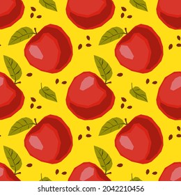 Apple fruit seamless pattern with red apples, leaves on yellow background. Cute geometric texture. Colorful design for organic food and juice package, textile print, wrapping paper.