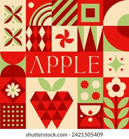 Apple Fruit seamless pattern in scandinavian style postcard with Retro clean concept design