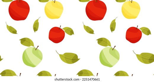 Apple fruit seamless pattern. Vector. Green, yellow, red apples.
