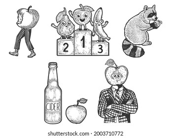 Apple fruit set collection line art sketch engraving vector illustration. T-shirt apparel print design. Scratch board imitation. Black and white hand drawn image.