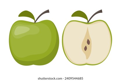 Apple fruit. Apple slice and whole fruit. Whole and half of green apple fruit with green leave. Vector illustration