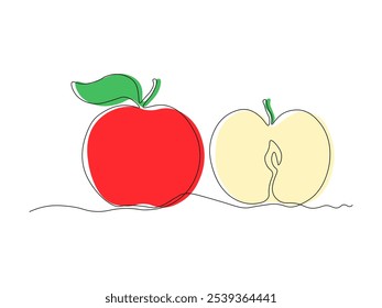 fruta de maçã e uma fatia, esboço de desenho de arte de linha única contínua, logotipo