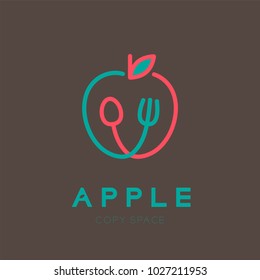 Apple fruit with spoon and fork logo icon outline stroke set design illustration isolated on brown background with Apple text and copy space, vector eps10