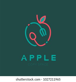 Apple fruit with spoon and fork logo icon outline stroke set design illustration isolated on green background with Apple text and copy space, vector eps10