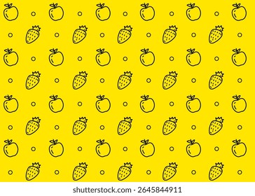 Um padrão de ilustração de fruta de maçã e morango com fundo amarelo, embalagem de alimentos, ilustração de frutas desenhado à mão anúncios impressos, negócio de alimentos, fazenda