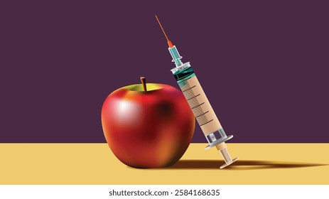 Apple fruit and syringe, Concept of genetically modified organism. Vector illustration.