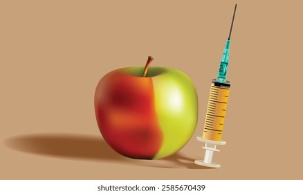 Apple fruit and syringe, the concept of genetically modified organism. Vector illustration.