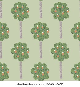 Apple fruit trees seamless pattern on green background. Doodle apple tree landscape. Design for fabric, textile print, wrapping paper, children textile. Vector illustration