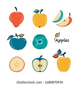 Apple Fruit Vector Set. Apples with Leaves and Apple Slices. Colorful Fruits. Healthy Summer Food Collection