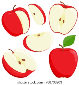 Apple fruit vector set. Set of apples and sliced apples. Whole, half, slice of red apple fruit with green leaves. Vector illustration