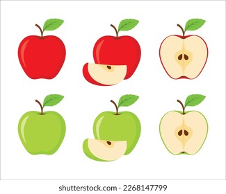 Apple fruit vector set in red and green colour. Set of apples and sliced apples isolated on white background. Whole, half, slice of red and green apple fruit with green leaves. Vector illustration