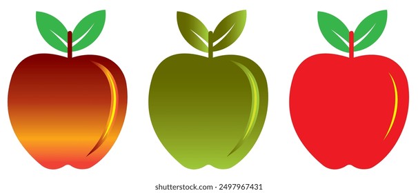Apple fruit vector, silhouette, icon set. Apple icon set design on white background. Ripe and green, red Apple symbols design for logo, app, website. Apple silhouette and outline. Vector illustration.
