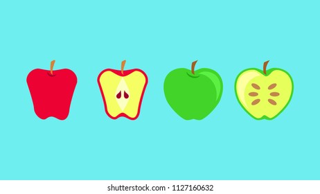 Apple fruit whole, halved and sliced in flat design vector style banner