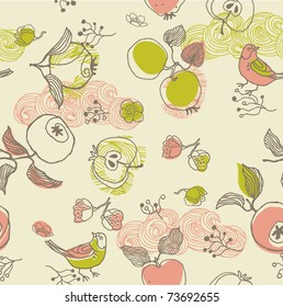 apple fruits and birds. seamless pattern