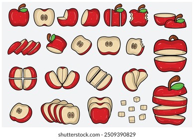Apple fruits cartoon set with slice, half, cutting and different pose. Design elements for backdrop, pattern, wallpaper, label, flavor, strain and packaging. Vector Illustration.