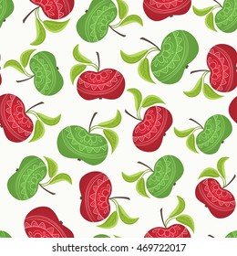 Apple fruits seamless pattern. Detailed ornamental decoration. Summer autumn harvest. Green and red on white background.