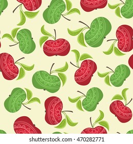 Apple fruits seamless pattern. Detailed ornamental decoration. Green and red on yellow beige background. Random layout.