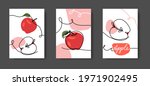 Apple fruits, wall line art decor. Set of vector illustrations, one continuous line decoration of red apples for kitchen or cafe.