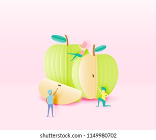 Apple with funny people in paper art style and pastel background vector illustration