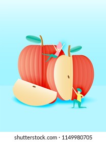 Apple with funny people in paper art style and pastel background vector illustration