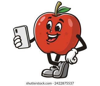 Apple with gadget cartoon mascot illustration character vector clip art hand drawn